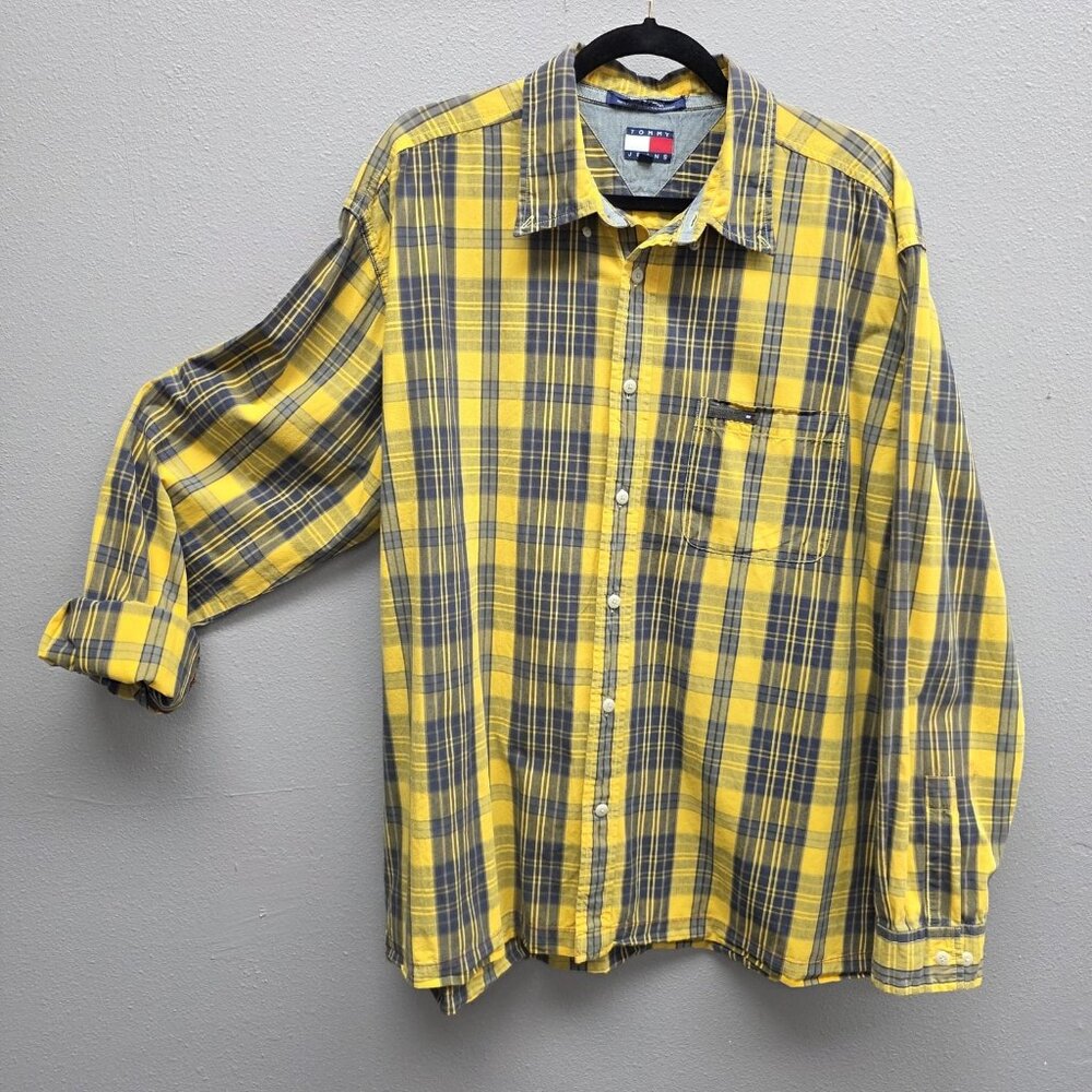 VINTAGE Tommy Jeans Shirt Mens Extra Large Yellow Gray Plaid Button Down 00s